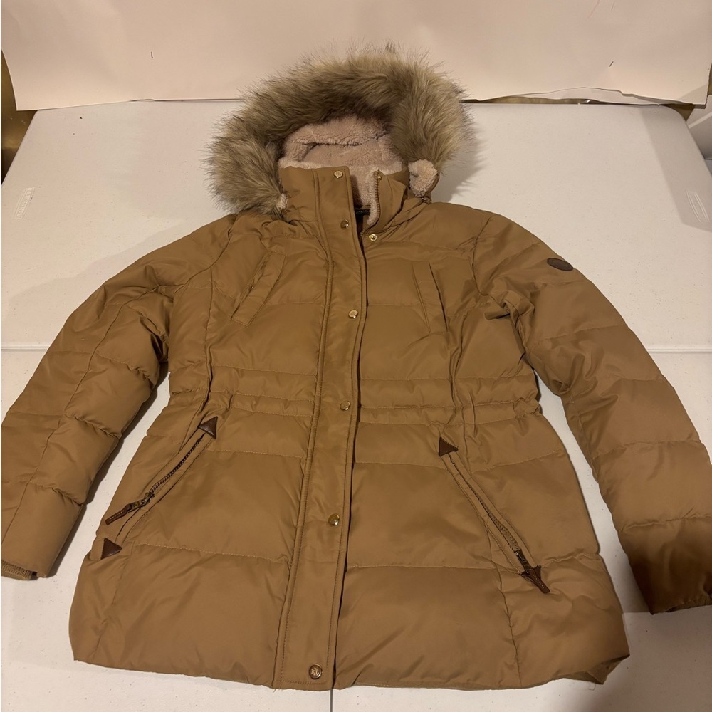 Lauren Ralph Lauren Full Zip Tan Hooded Puffer Winter Jacket Women’s Size M